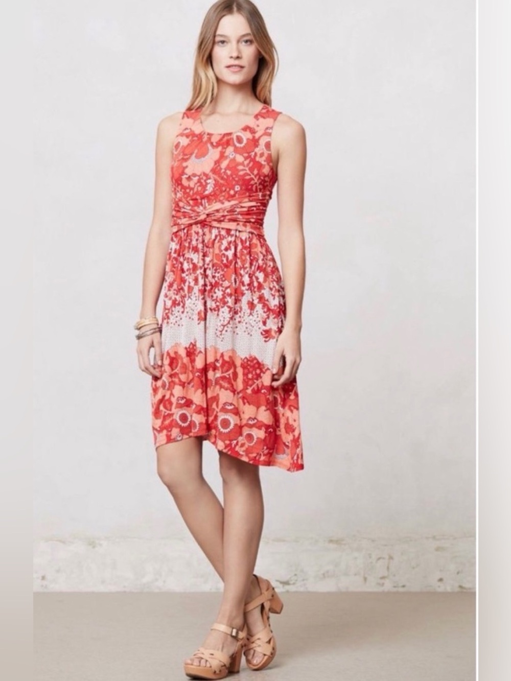 Anthropologie Lilka "Coral Gardens" L Boho Ruched Handkerchief knee length Dress